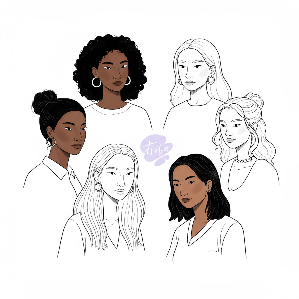 Chic line art: Diverse women entrepreneurs connecting and supporting each other, black and white with pastel purple "tribe vibe" highlight | Femmeprenista