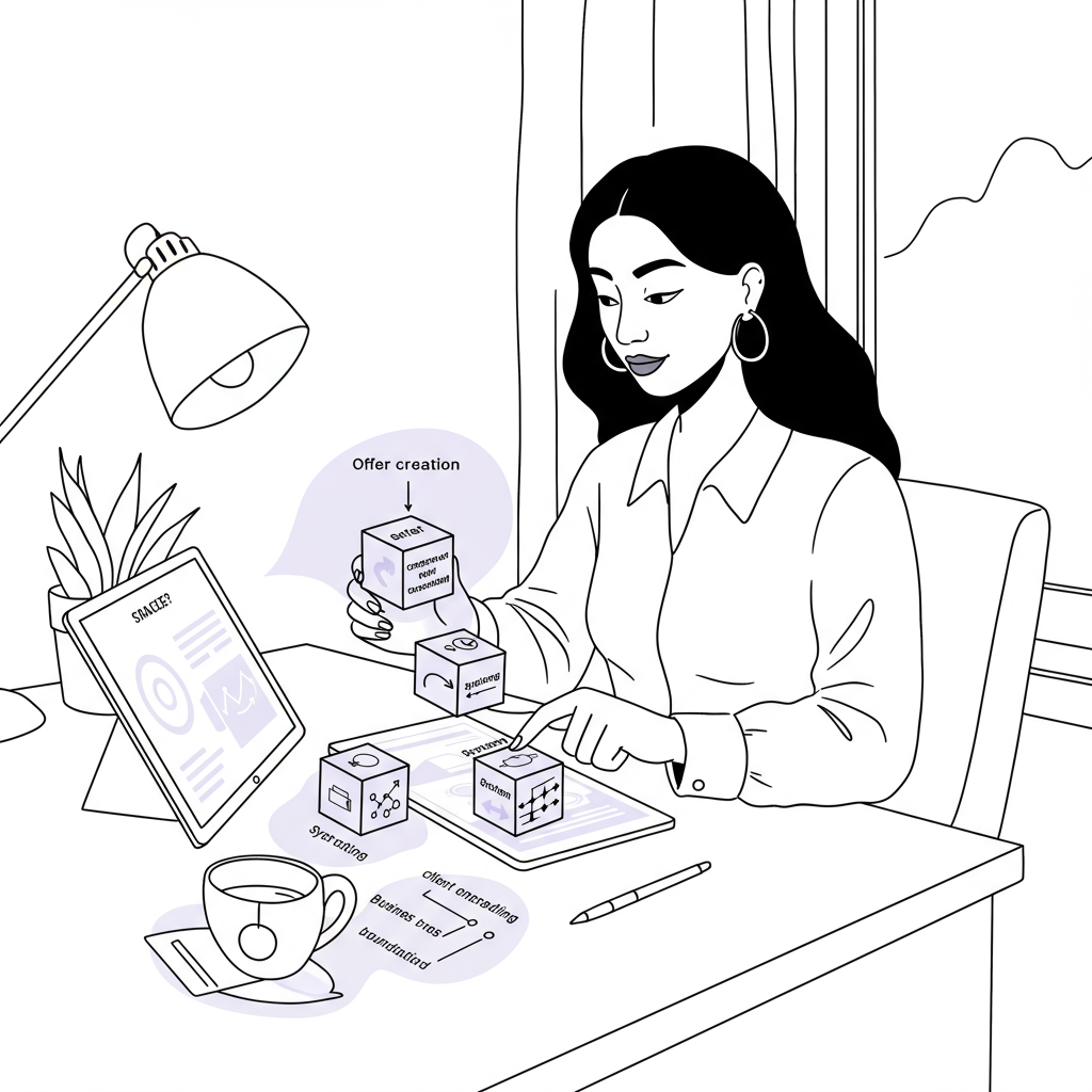 Line art: Latina entrepreneur building a burnout-proof business model using a tablet, pastel purple accent highlights interconnectedness | Femmeprenista