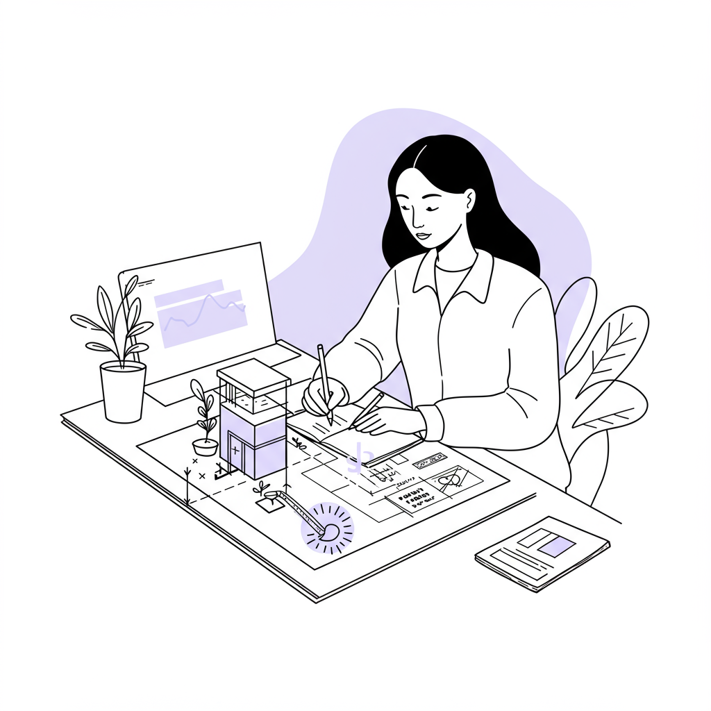 Chic line art: Asian femmepreneur sketching a blueprint for a burnout-proof business model, pastel purple sun icon | Femmeprenista