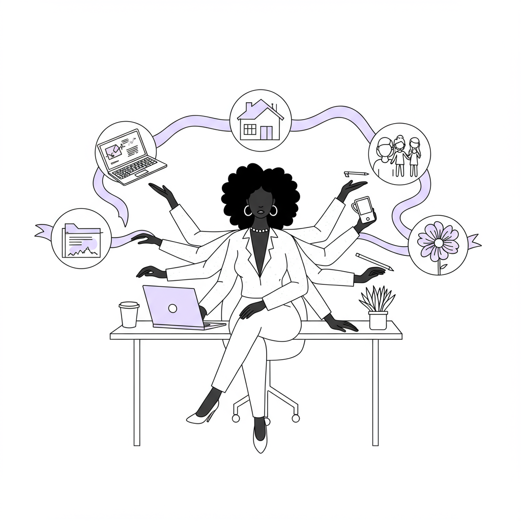 Line art: Black female entrepreneur gracefully balancing business, family, and self-care; pastel purple laptop highlight | Femmeprenista