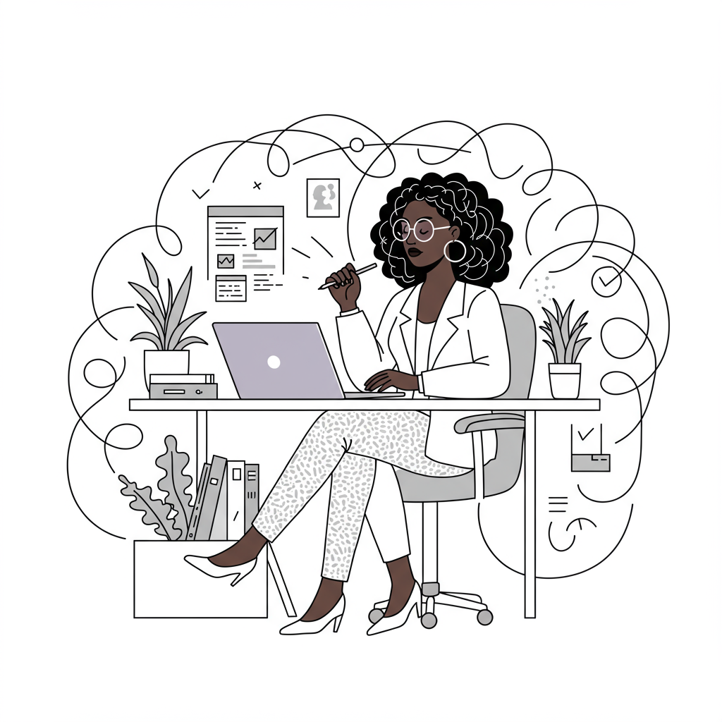 Line art: Black female entrepreneur taming chaos with focused vision; pastel purple glasses accent; chic minimalist illustration | Femmeprenista
