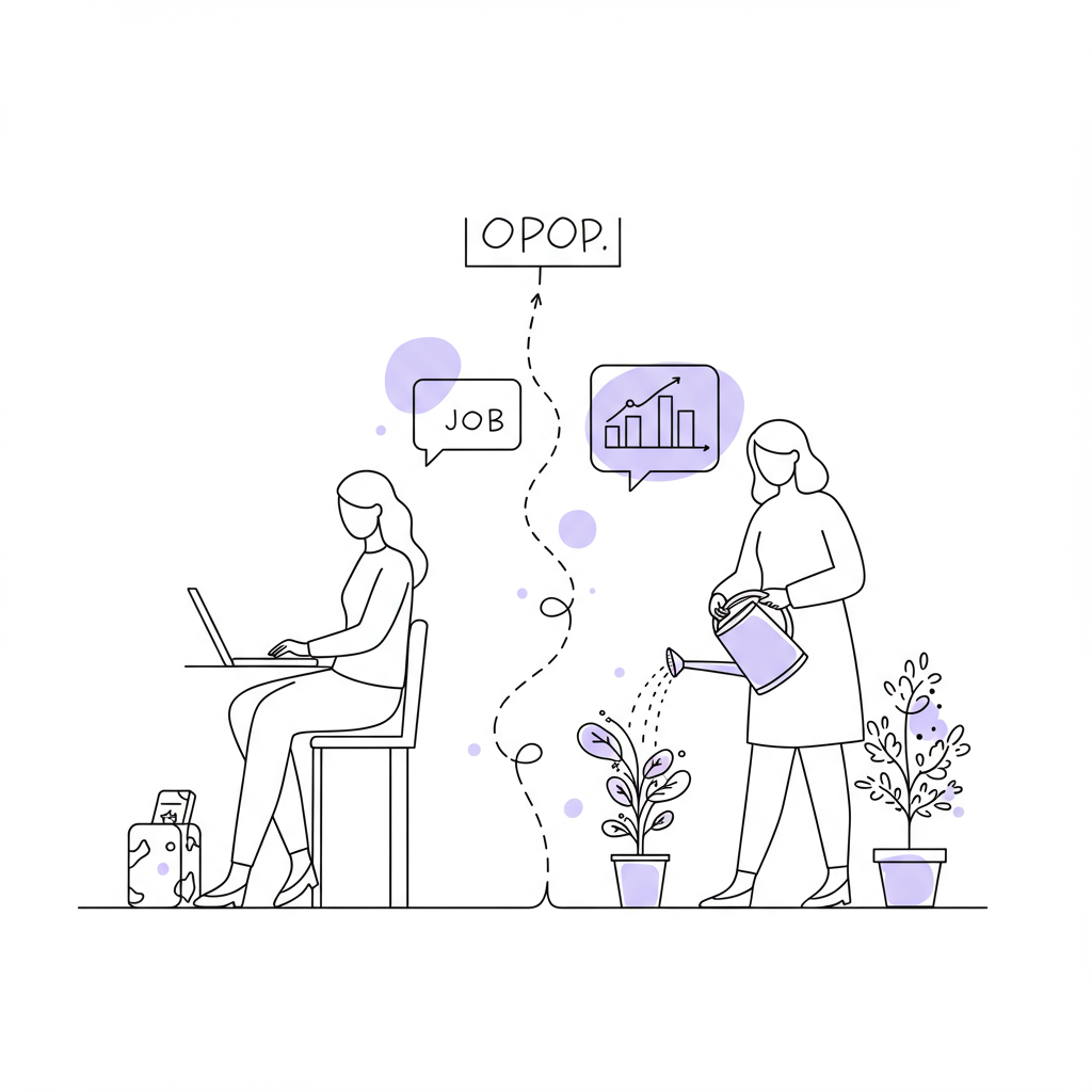 Business or Job for Mums? Find Your Path to Freedom! 2 Modern line art: Woman at laptop & nurturing business (plant), connected paths; pastel purple accent on watering can | Femmeprenista