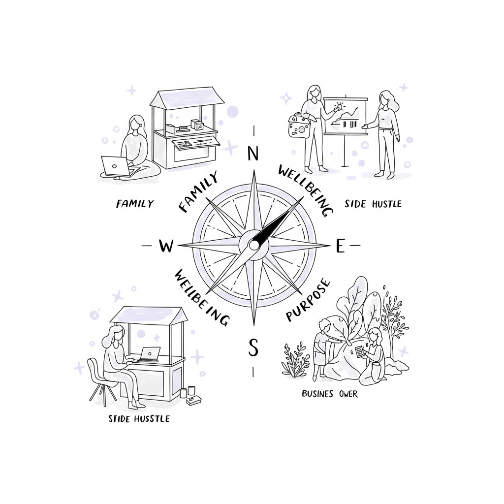Business or Job for Mums? Find Your Path to Freedom! 3 Modern line art: Stylized compass guiding women towards freedom, family, wellbeing, finance and purpose, with purple sun accent | Femmeprenista