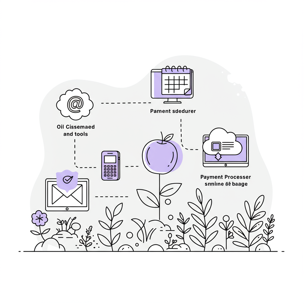 Tech Starter Kit Online Business: Simple Setup for Femmeprenistas 3 Chic line art: Digital garden blooming with tech tools (email, calendar, payments, website, cloud), pastel purple highlight on payments icon | Femmeprenista