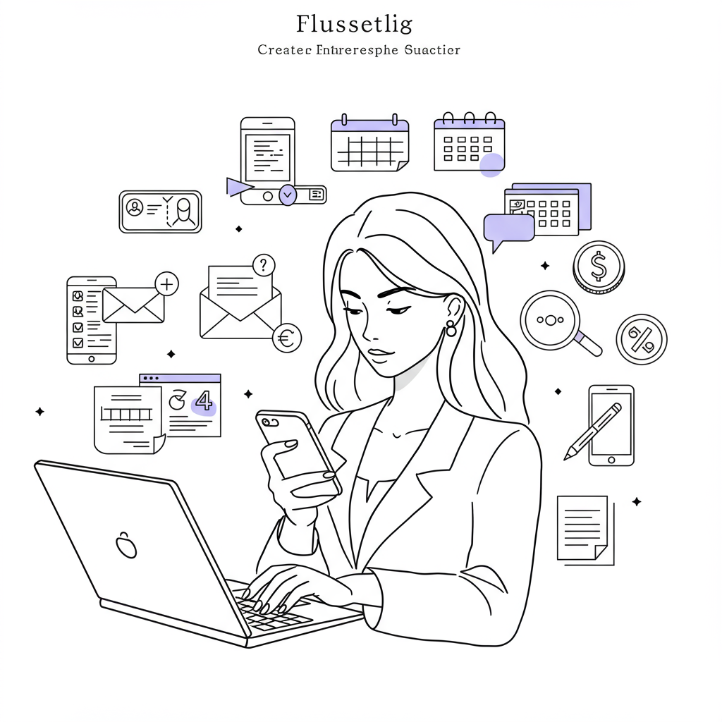 Tech Starter Kit Online Business: Simple Setup for Femmeprenistas 2 Modern chic line art: Woman effortlessly managing tech tools on laptop and phone; pastel purple on phone screen | Femmeprenista