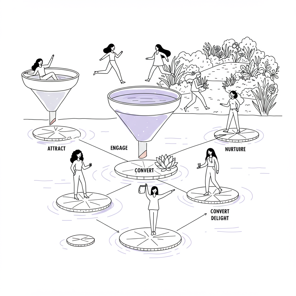 Sales Funnel for Female Entrepreneurs: A Simple Guide 3 Line art of diverse women entrepreneurs navigating a sales funnel as lily pads to a lush garden; pastel purple highlight on "Convert" | Femmeprenista