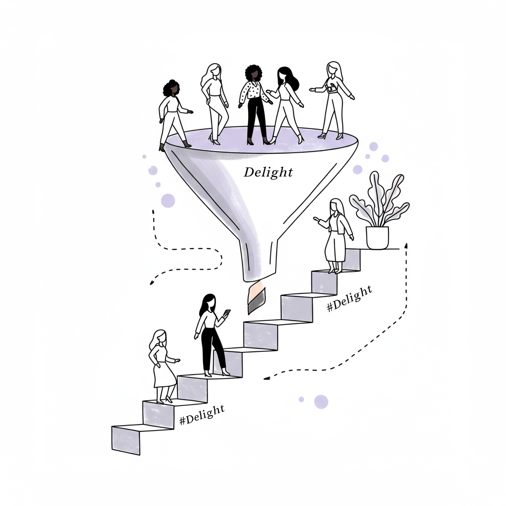 Sales Funnel for Female Entrepreneurs: A Simple Guide 2 Chic black and white line art: diverse female entrepreneurs ascend a sales funnel staircase, pastel purple highlight | Femmeprenista
