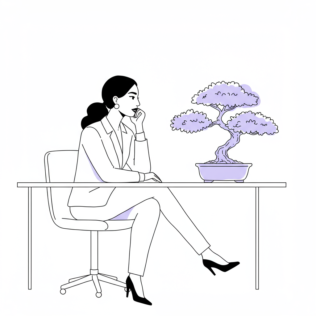 Purpose Driven Business Legacy: CEO's Guide to Fulfillment 2 Chic line art: Mixed heritage CEO contemplates her purpose-driven business legacy, symbolized by a bonsai in a pastel purple pot | Femmeprenista
