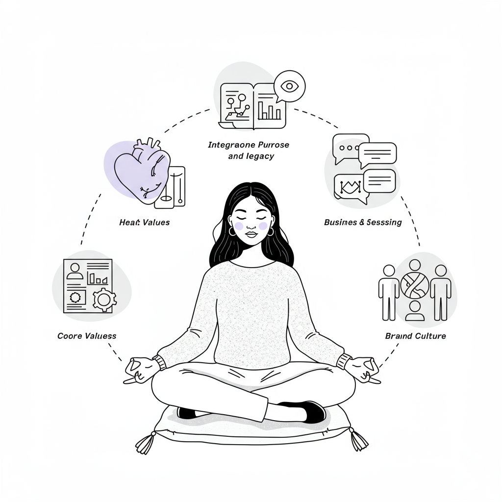 Purpose Driven Business Legacy: CEO's Guide to Fulfillment 3 Line art: Asian female CEO meditating, surrounded by icons of purpose; pastel purple heart accent | Femmeprenista