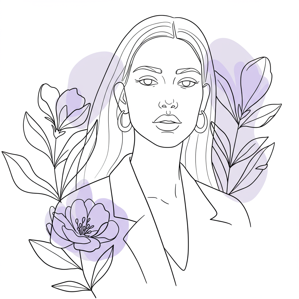 CEO Well-being: Essential Strategies for Thriving Female Leaders 2 Modern black and white line art: serene female CEO surrounded by flourishing florals, pastel purple accent, embodying CEO well-being | Femmeprenista