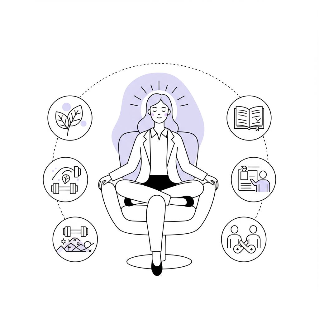 CEO Well-being: Essential Strategies for Thriving Female Leaders 3 Line art: CEO meditating, surrounded by icons of well-being; light radiating with pastel purple accent | Femmeprenista