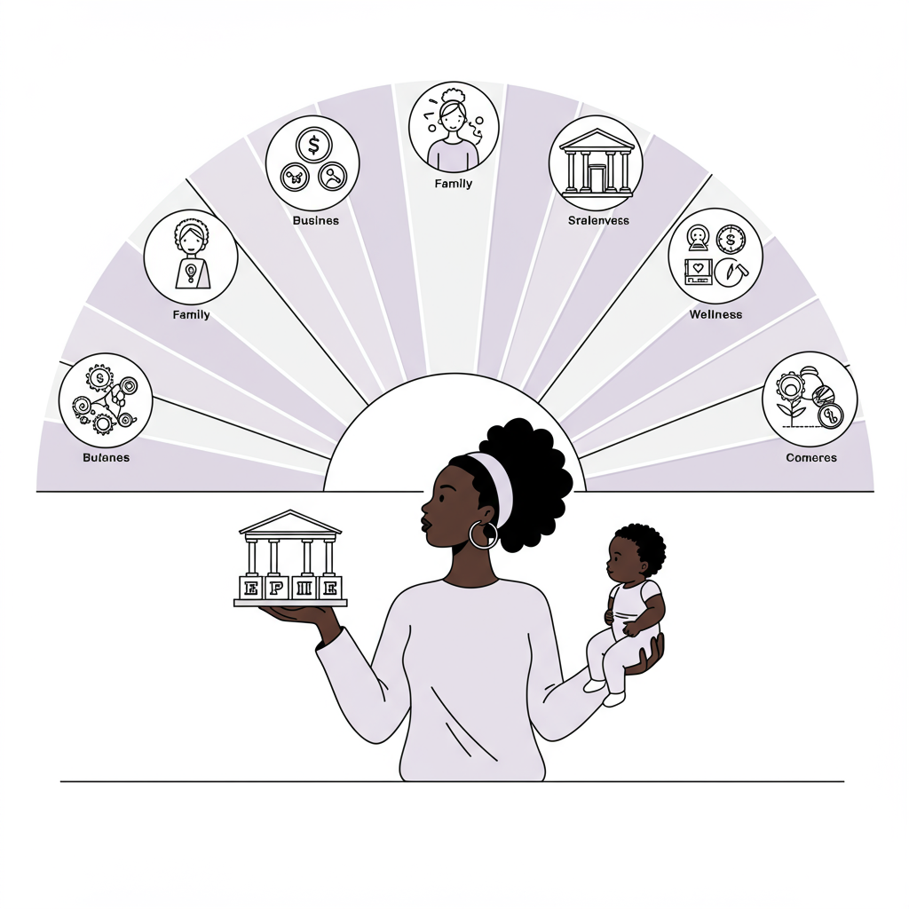 Chic line art: Black woman entrepreneur balancing business & motherhood; pastel purple on empire building blocks. Sunrise split symbolizes balance | Femmeprenista