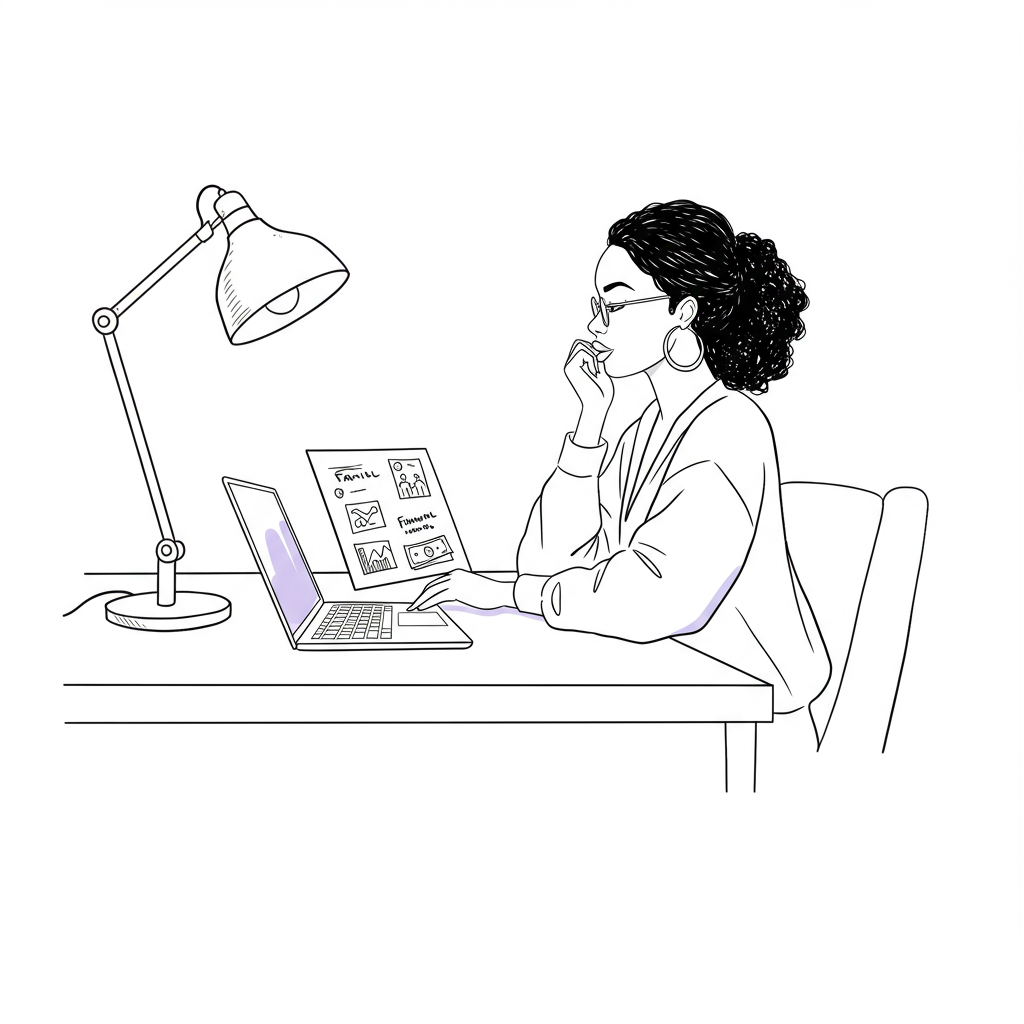 Black woman entrepreneur thoughtfully planning her scalable side hustle and vision, laptop with pastel purple screen | Femmeprenista