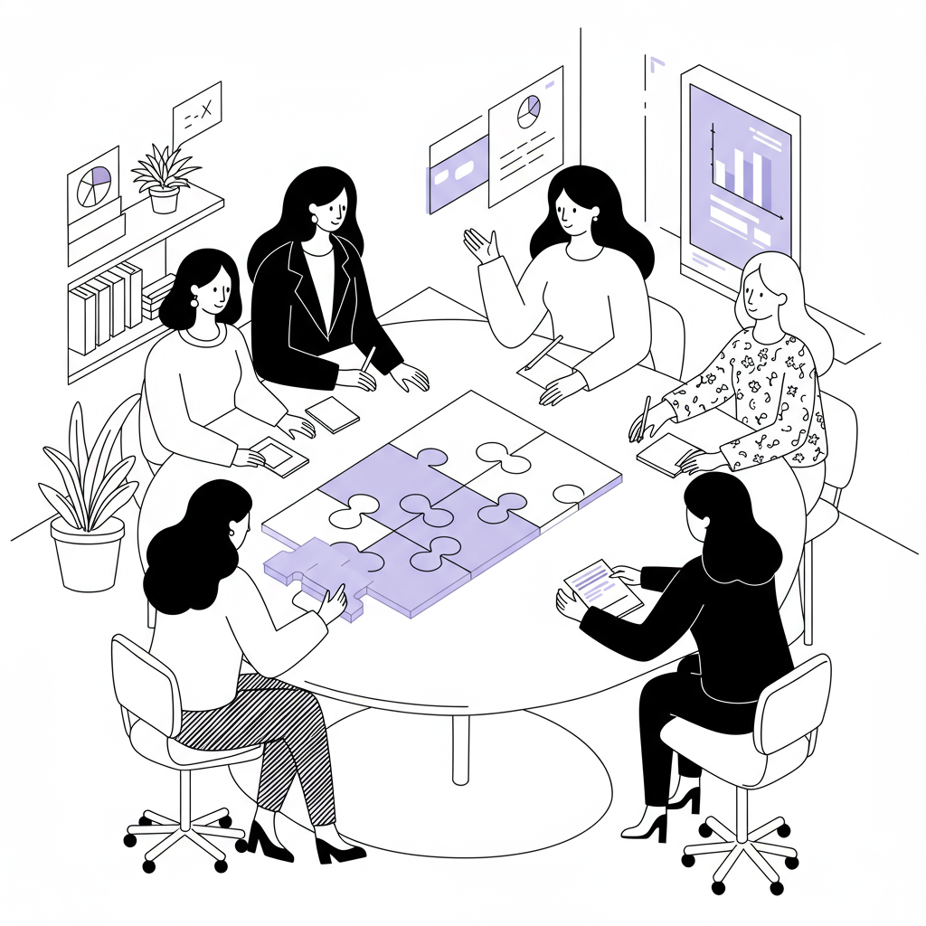 Modern line art: diverse female entrepreneurs collaboratively building a practical marketing plan, pastel purple puzzle piece highlight | Femmeprenista