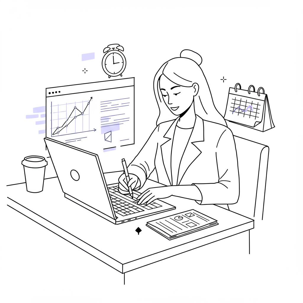 Chic line art: Female entrepreneur sketching a marketing plan; pastel purple pen highlight; symbolizes practical simplicity and focus | Femmeprenista