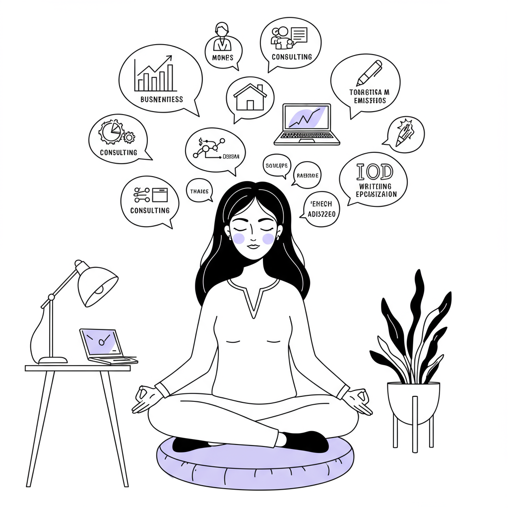 Line art of a serene mumpreneur meditating amid niche icons; black, white, pastel purple cushion | Femmeprenista