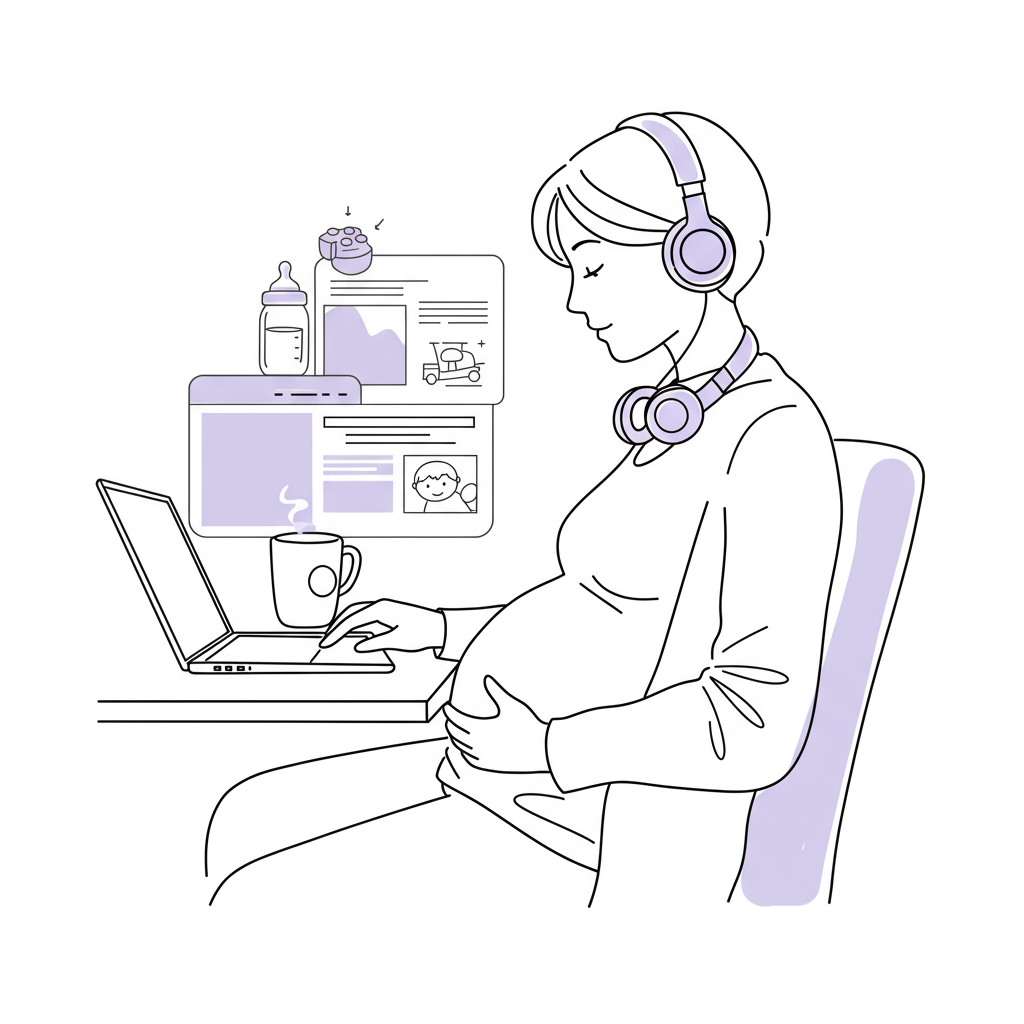 Stylish black and white line art: mumpreneur working from home, hand on belly, wireless headphones with pastel purple accent | Femmeprenista
