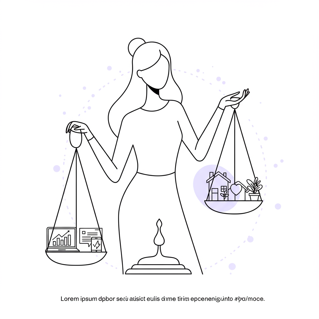 Line art of a balanced scale, business vs. home, pastel purple on fulcrum, symbolizing work-life balance for female entrepreneurs | Femmeprenista