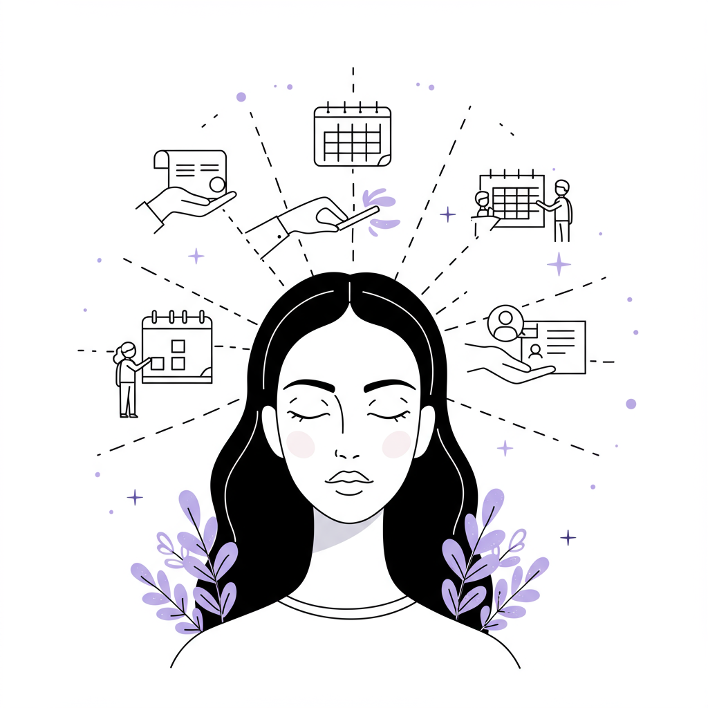 Chic line art: Femmeprenista figure meditating, delegating tasks, pastel purple baton, empowering design | Femmeprenista