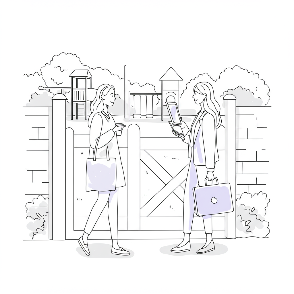 Unlocking Micro-Networking for Female Entrepreneurs: Grow Your Biz 2 Line art: Two female entrepreneurs micro-networking at school gate. Pastel purple tote bag accent. Black and white | Femmeprenista
