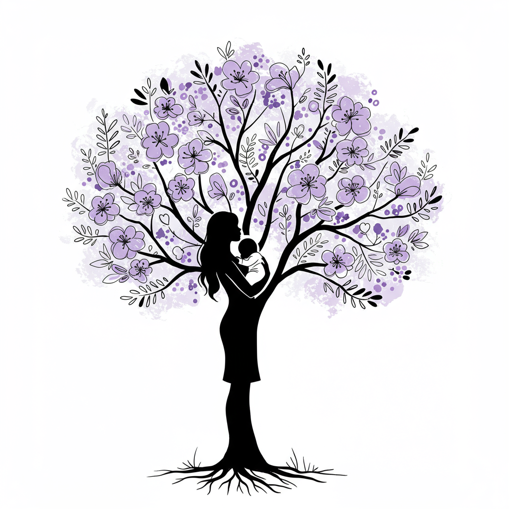 Line art: Mother & tree symbolizing career growth post maternity leave, black and white with pastel purple blossoms | Femmeprenista