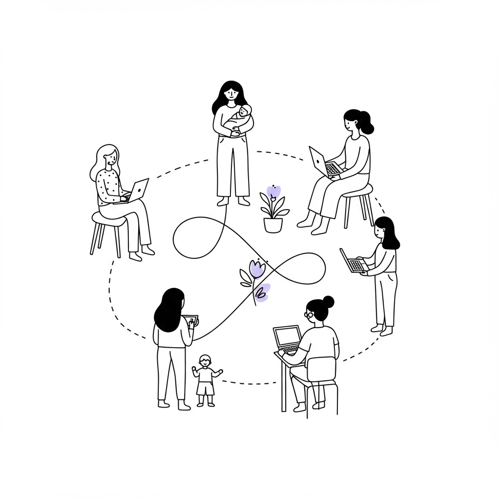 Chic line art: diverse women in a Mobius strip circle, showing motherhood & entrepreneurship stages, pastel purple flower accent | Femmeprenista