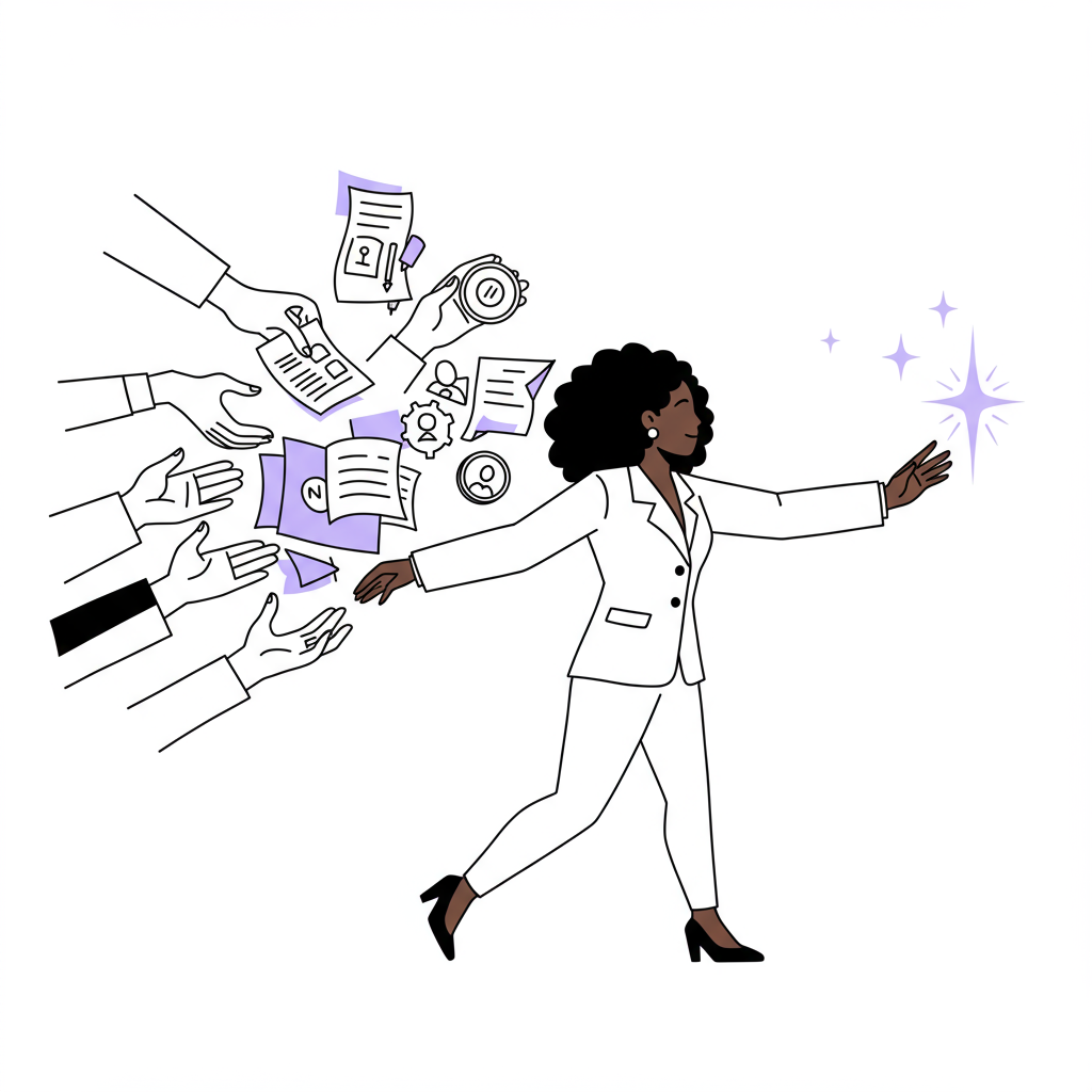 Reclaim Your Time: Saying No as a Female Entrepreneur 2 Chic line art: Black or Latina entrepreneur turning toward her vision (pastel purple star), gracefully saying no to distractions | Femmeprenista