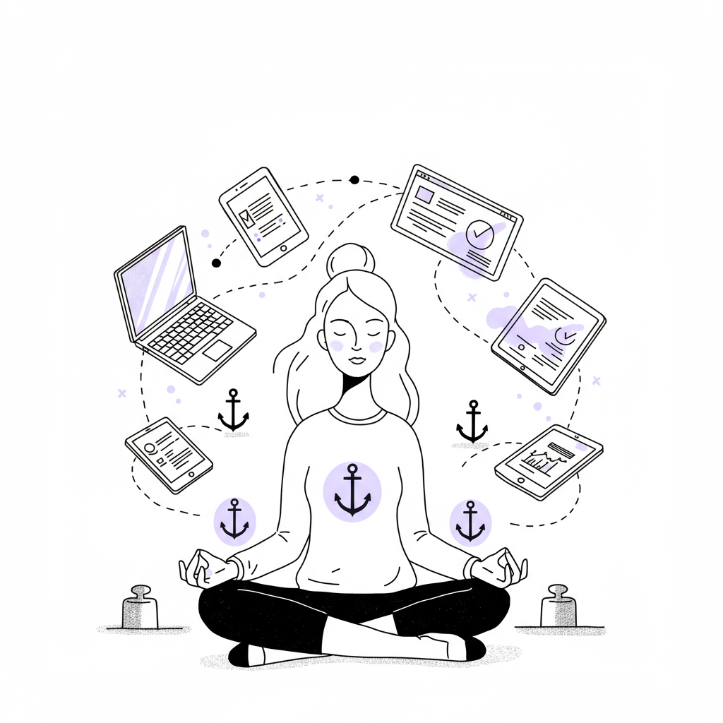 Reclaim Your Time: Saying No as a Female Entrepreneur 3 Modern line art: Serene female entrepreneur meditating amidst floating devices, anchored by weights, pastel purple aura highlight | Femmeprenista