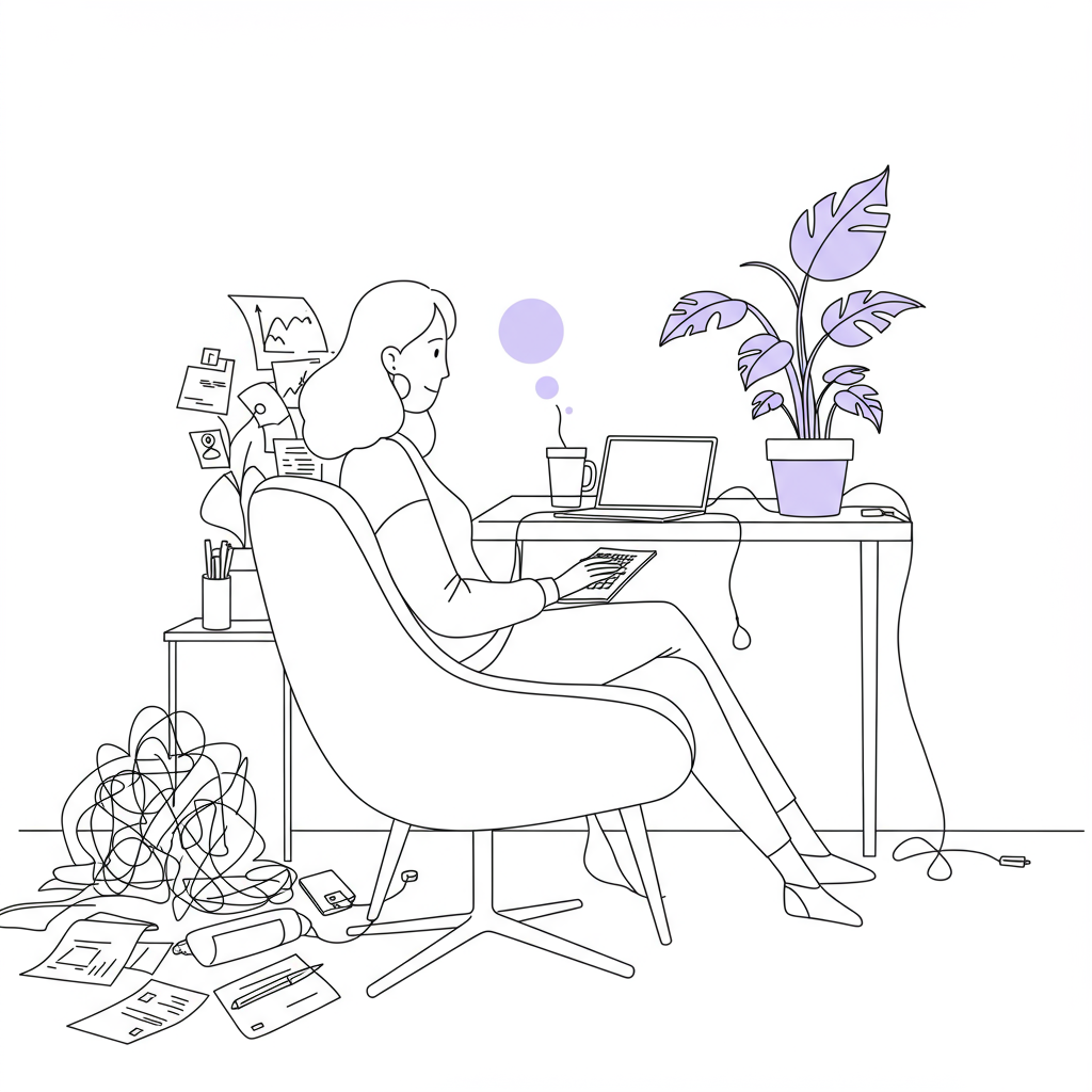 Evergreen Client Attraction System: Ditch Launch Burnout! 3 Elegant black and white line art illustration: focused woman facing sustainable growth, pastel purple leaf highlight | Femmeprenista