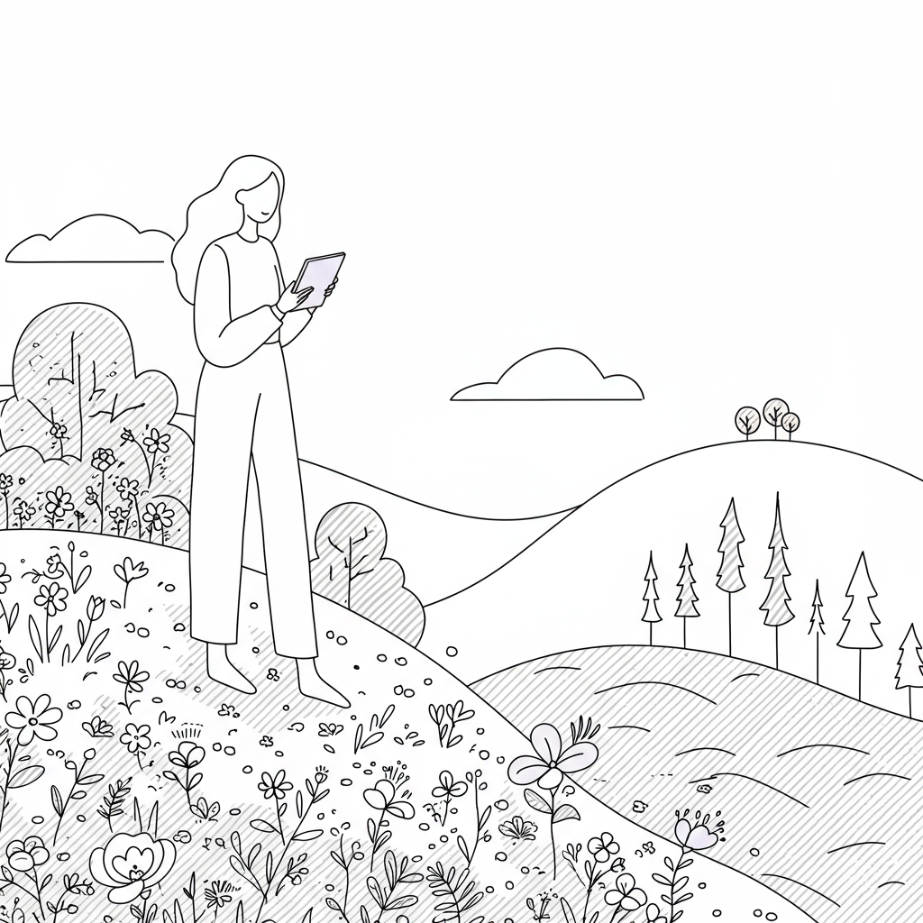 Evergreen Client Attraction System: Ditch Launch Burnout! 2 Modern line art: Female entrepreneur stands confidently on a blossoming hill, tablet in hand; pastel purple screen accent signifies sustainable growth | Femmeprenista