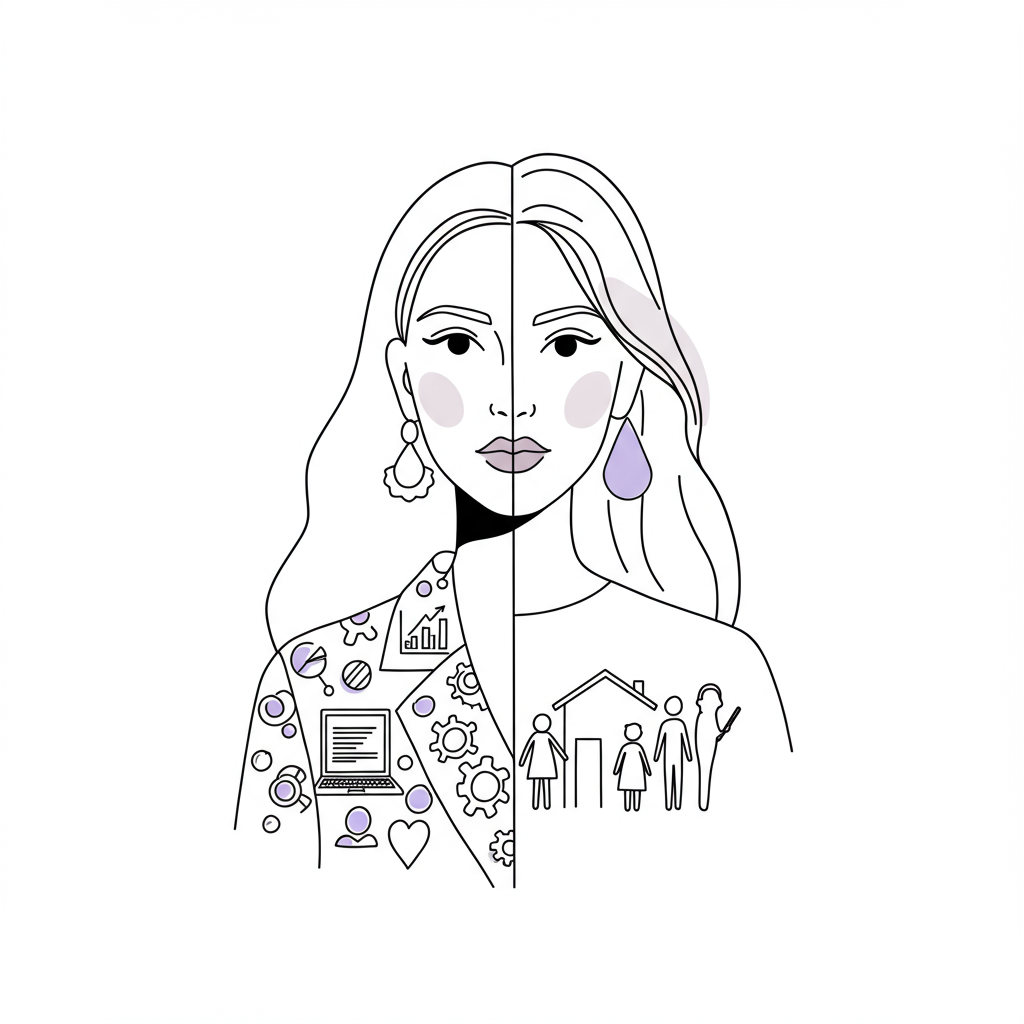 AI Productivity for Mum CEOs: Reclaim Your Week & Sanity 2 Line art of a mum CEO balancing work and family, pastel purple heart detail. Empowering and chic | Femmeprenista