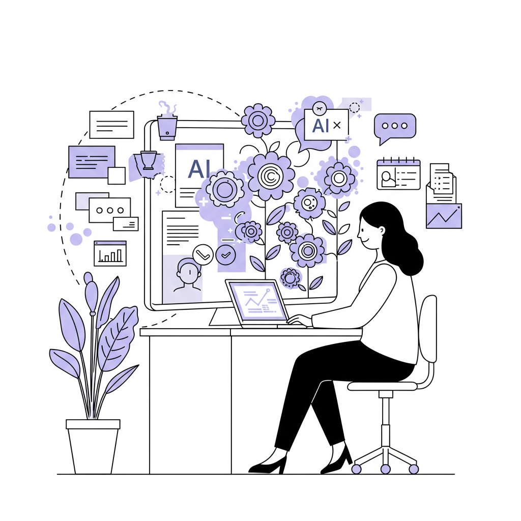 AI Productivity for Mum CEOs: Reclaim Your Week & Sanity 3 Chic line art: Mum CEO's digital garden of AI tools blossoming with productivity, pastel purple accents | Femmeprenista