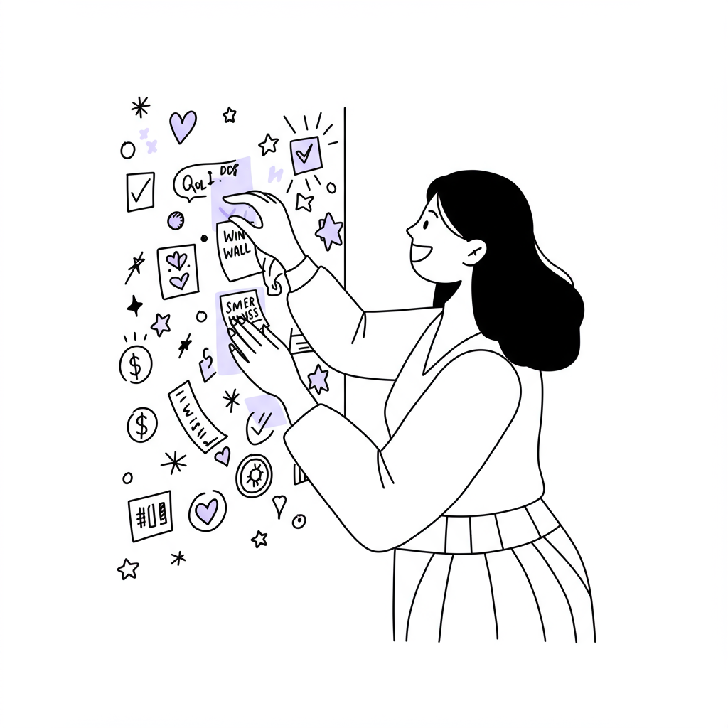 Chic line art: Female entrepreneur joyfully adding a purple sticker to her "Win Wall"; celebrating small wins in business | Femmeprenista