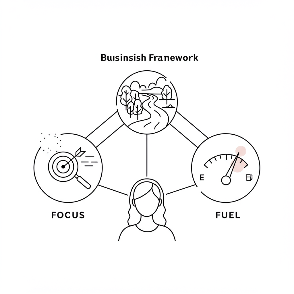 Chic line art: The Business Flourish Framework with Focus, Flow, and Fuel pillars; Fuel gauge needle with pastel purple accent | Femmeprenista