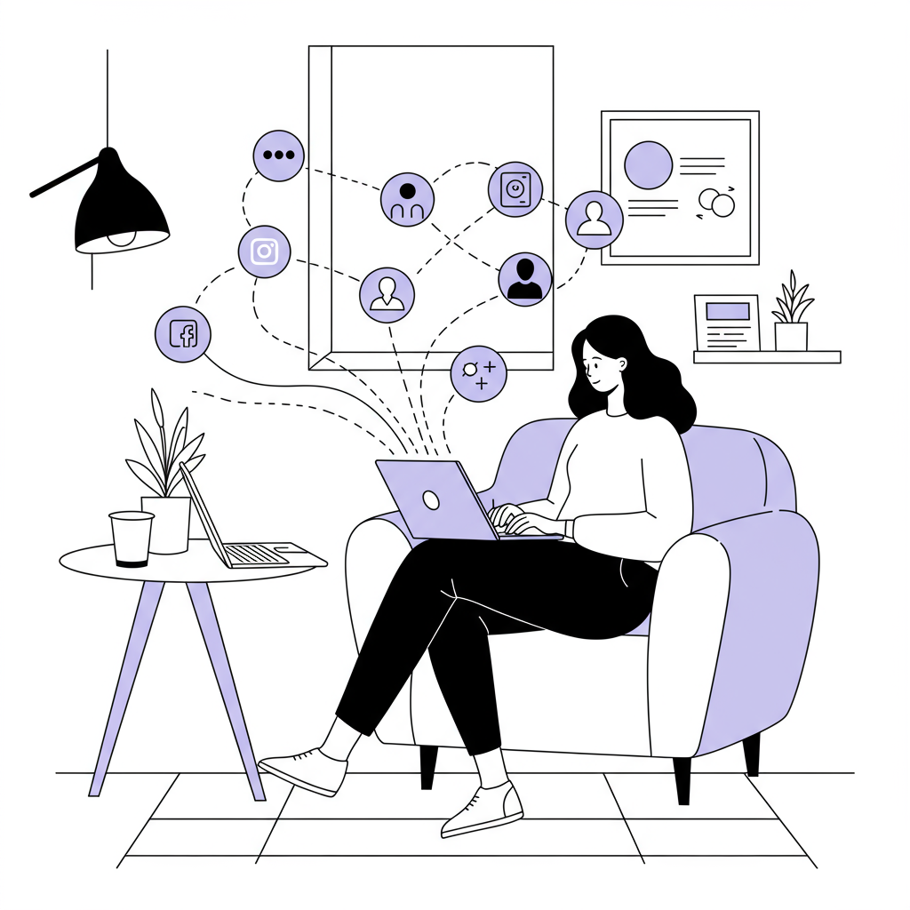 Social Media Scheduling Femmeprenistas: 2025's Ultimate Guide 3 Chic line art: calm female entrepreneur strategically surrounded by social media icons, reclaiming time; pastel purple accent | Femmeprenista