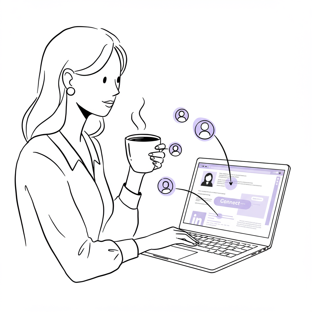 Chic line art: female entrepreneur multitasking with coffee and LinkedIn; black and white with pastel purple "connect" button | Femmeprenista