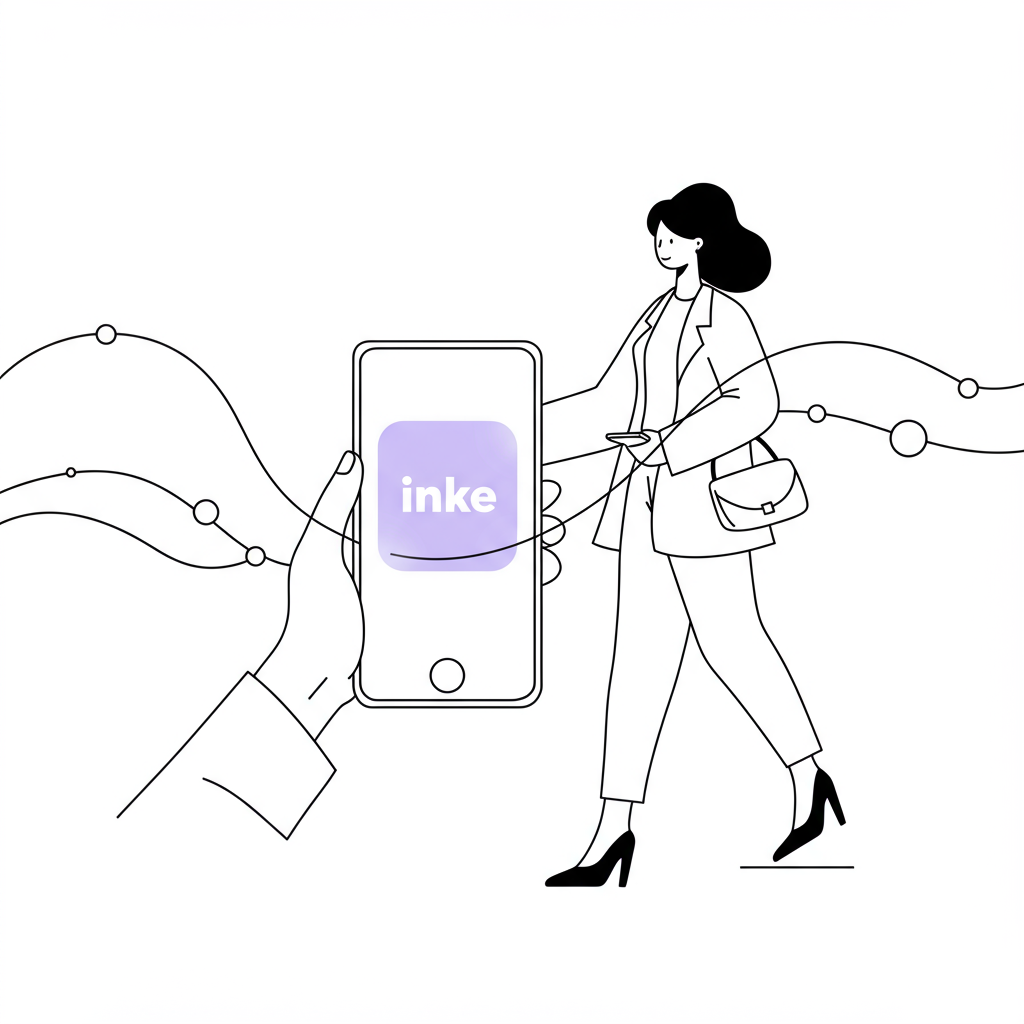 Modern chic line art: Confident female entrepreneur strides forward with LinkedIn; black, white, and pastel purple connection glow | Femmeprenista