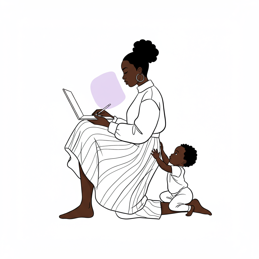 Line art: Black woman entrepreneur balancing laptop and toddler; pastel purple on screen, chic modern style | Femmeprenista