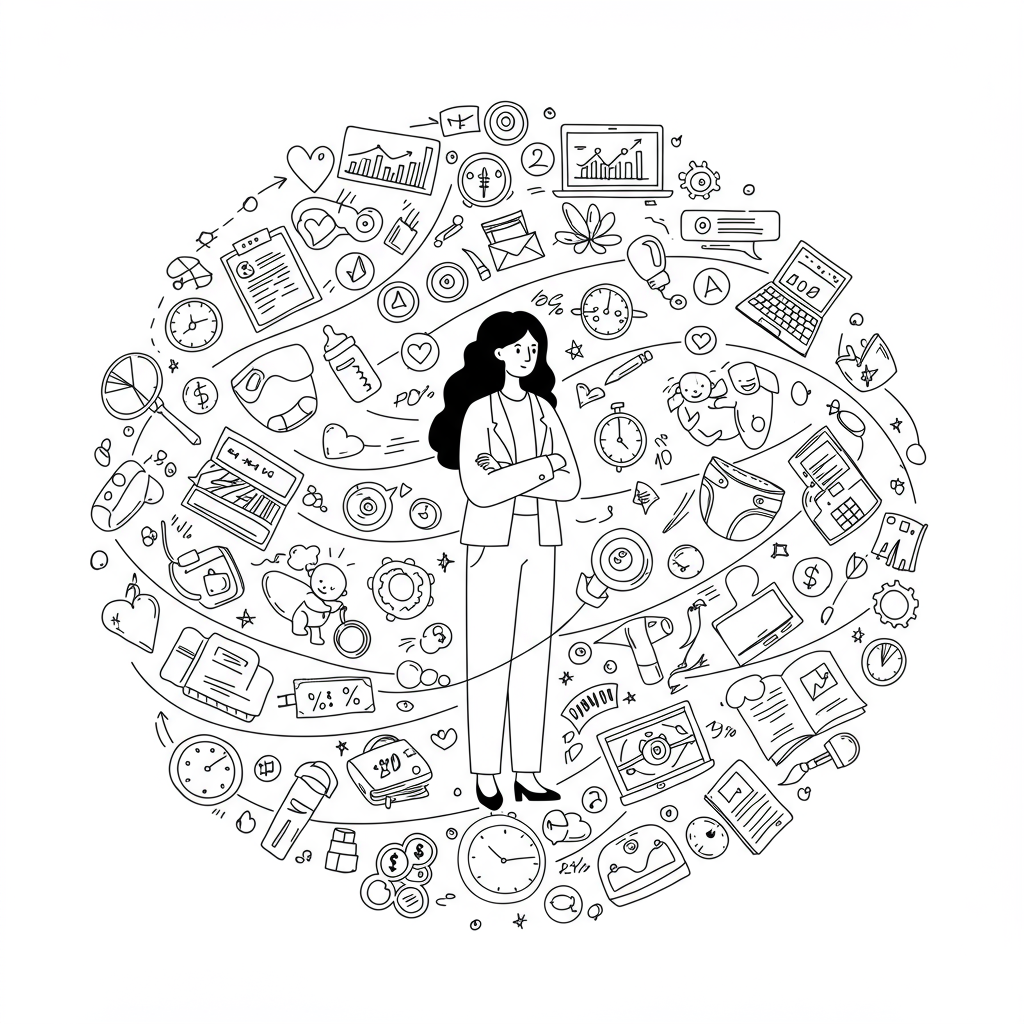 Line art: Latina entrepreneur amidst "beautiful chaos" vortex of business/motherhood icons; pastel purple wristwatch accent | Femmeprenista