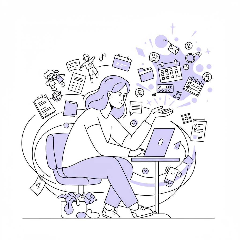 Modern line art: Entrepreneur reclaiming control from chaos; pastel purple icons signify order | Femmeprenista