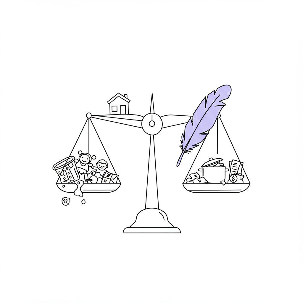 Line art: Digital scale balancing chaotic home life vs. calm mindfulness (feather in pastel purple) | Femmeprenista