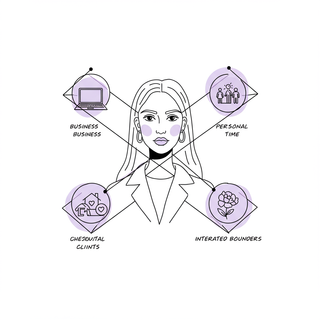 Boundaries for Female Entrepreneurs: Flourish in Business & Life 3 Chic line art: Female entrepreneur balanced across business, family, personal time, and clients; pastel purple highlights boundaries | Femmeprenista