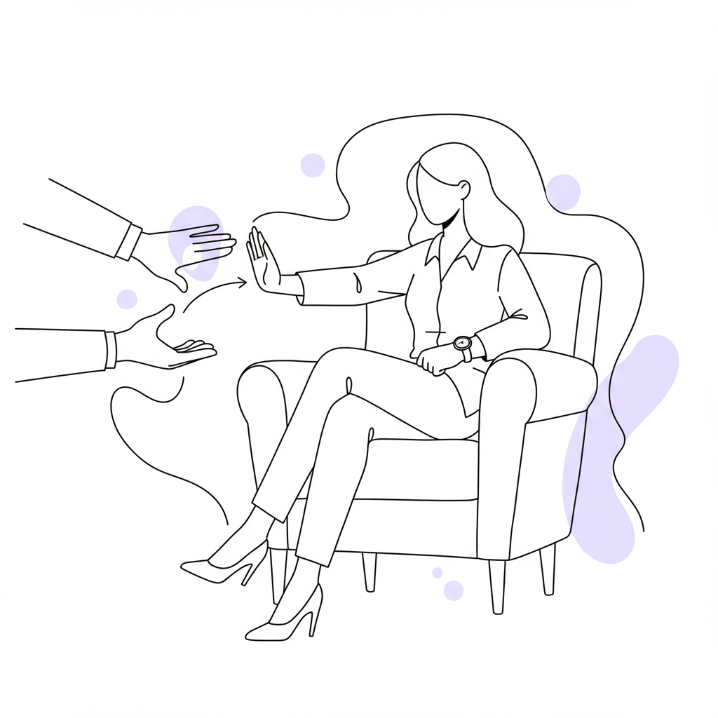 Boundaries for Female Entrepreneurs: Flourish in Business & Life 2 Elegant black and white line art of a female entrepreneur calmly setting boundaries; pastel purple accent on her wristwatch | Femmeprenista